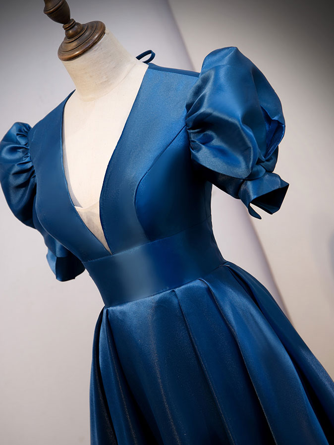 Party Dress Shops Near Me, Blue Satin Long Prom Dress with Short Sleeves, Blue Evening Formal Dress