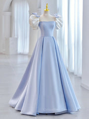 Evening Dress Classy, Blue Satin Long Prom Dresses, Blue Formal Graduation Dresses