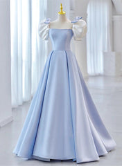 Party Dress Long Sleeve, Blue Satin Short Sleeves with Bow Lace-up Party Dress, Blue Prom Dress