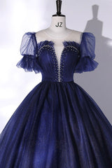 Evening Dress Shop, Blue Scoop Neckline Tulle Long Prom Dress, A-Line Short Sleeve Evening Gown