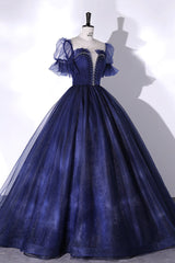 Evening Dress Ideas, Blue Scoop Neckline Tulle Long Prom Dress, A-Line Short Sleeve Evening Gown