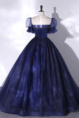 Evening Dresses Store, Blue Scoop Neckline Tulle Long Prom Dress, A-Line Short Sleeve Evening Gown