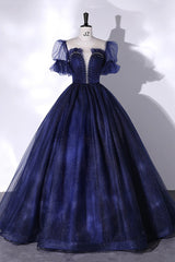 Evening Dress Elegant, Blue Scoop Neckline Tulle Long Prom Dress, A-Line Short Sleeve Evening Gown