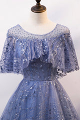 Evening Dresses Petite, Blue Scoop Neckline Tulle Long Prom Dress, Shiny A-Line Formal Evening Dress