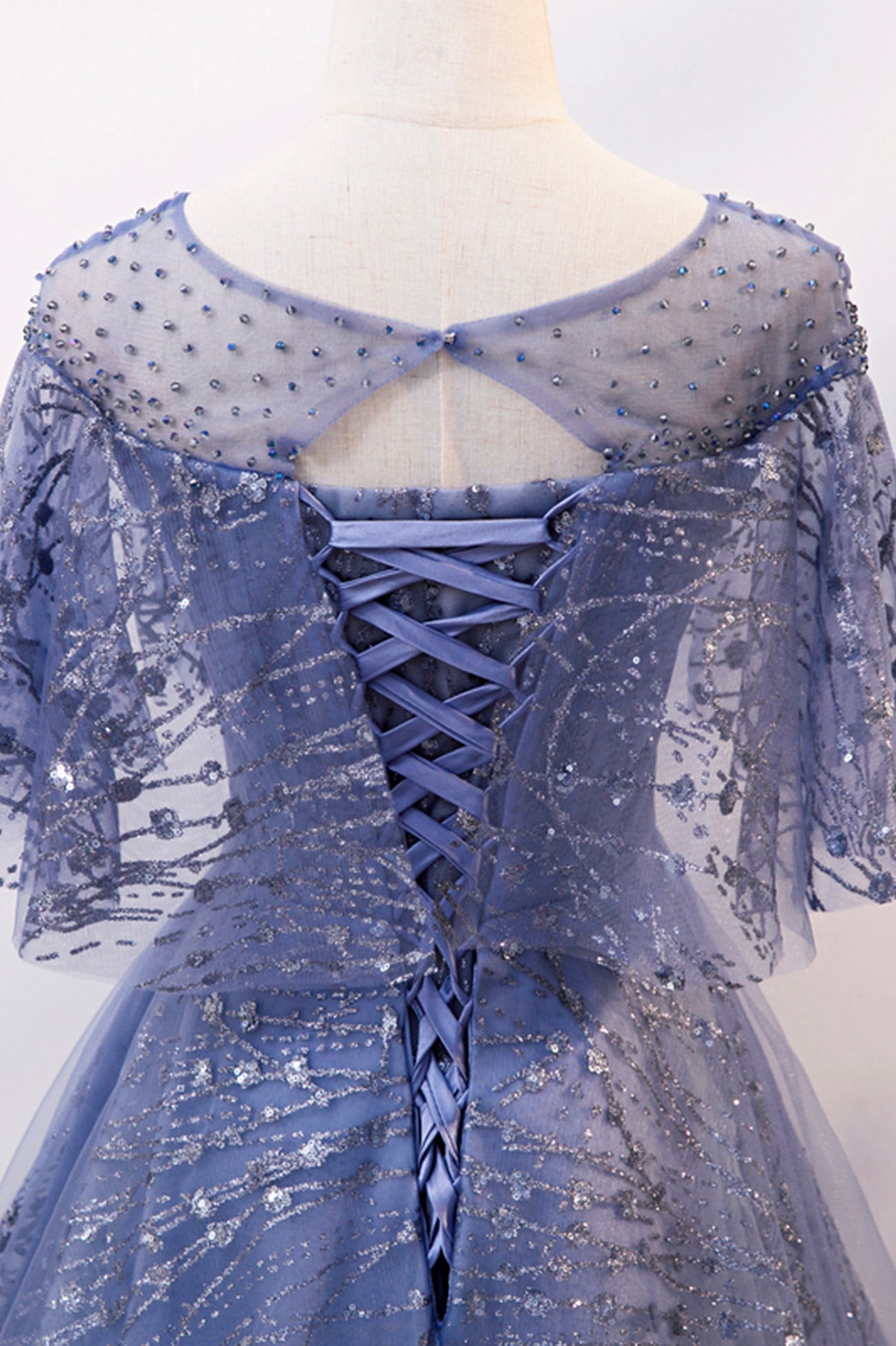 Evening Dress Petite, Blue Scoop Neckline Tulle Long Prom Dress, Shiny A-Line Formal Evening Dress