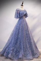 Evening Dresses 2025, Blue Scoop Neckline Tulle Long Prom Dress, Shiny A-Line Formal Evening Dress