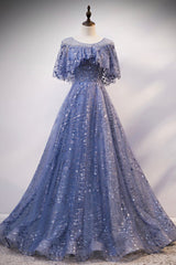 Evening Dress Italy, Blue Scoop Neckline Tulle Long Prom Dress, Shiny A-Line Formal Evening Dress