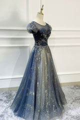Evening Dress Cheap, Blue Scoop Neckline Tulle Long Prom Dress with Beaded, A-Line Evening Party Dress