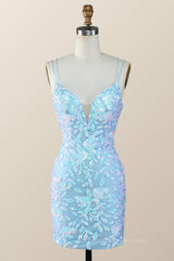Party Dresses For 57 Year Olds, Blue Sequin Bodycon Mini Dress with Straps