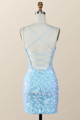 Party Dresses Size 55, Blue Sequin Bodycon Mini Dress with Straps