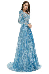 Homecoming Dress Classy Elegant, Blue Sequin With Detachable Train Long Sleeves Mermaid Evening Dresses