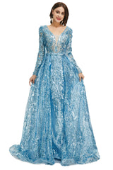 Homecoming Dresses Aesthetic, Blue Sequin With Detachable Train Long Sleeves Mermaid Evening Dresses