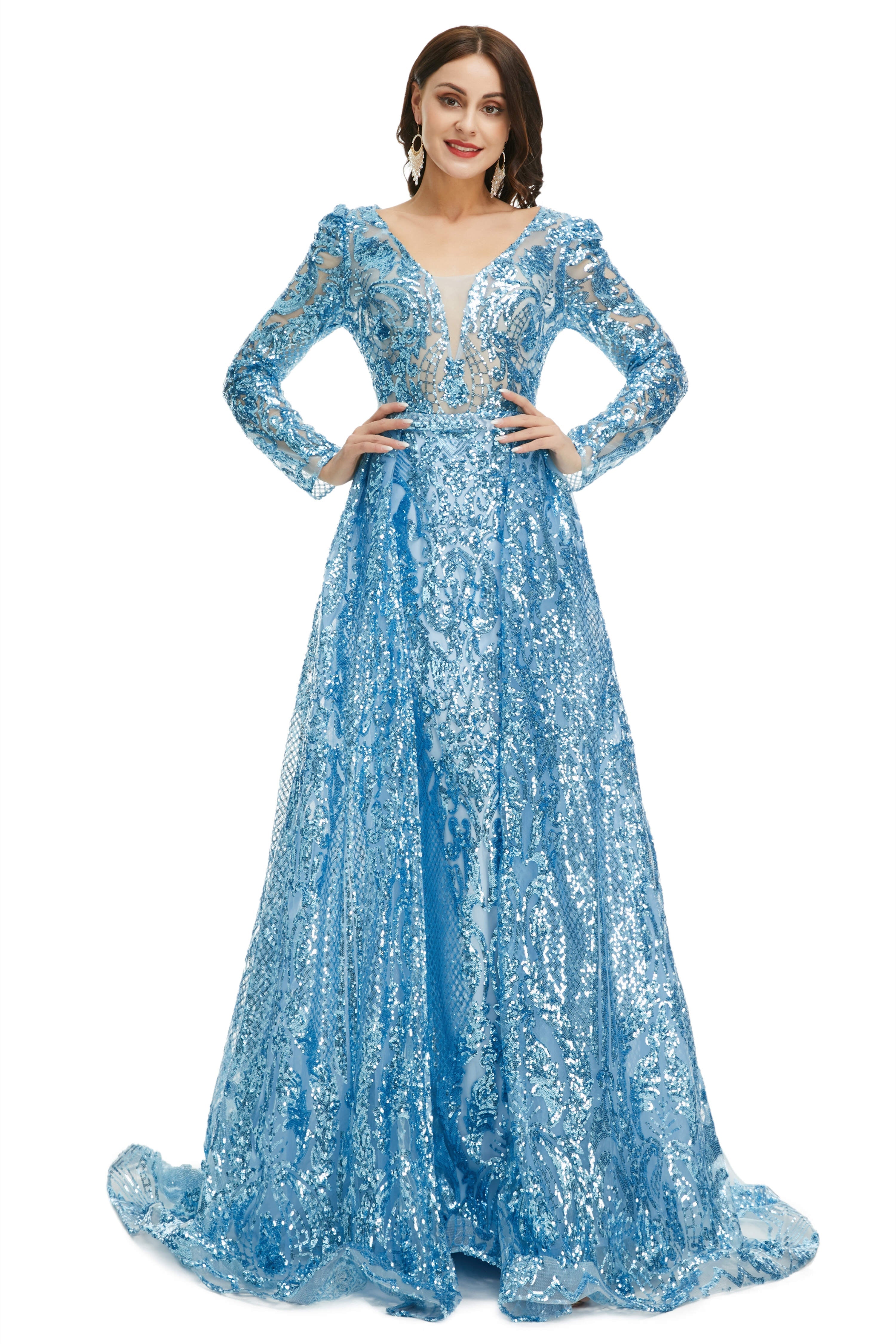 Homecoming Dress Shop, Blue Sequin With Detachable Train Long Sleeves Mermaid Evening Dresses