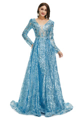 Homecoming Dresses Shop, Blue Sequin With Detachable Train Long Sleeves Mermaid Evening Dresses
