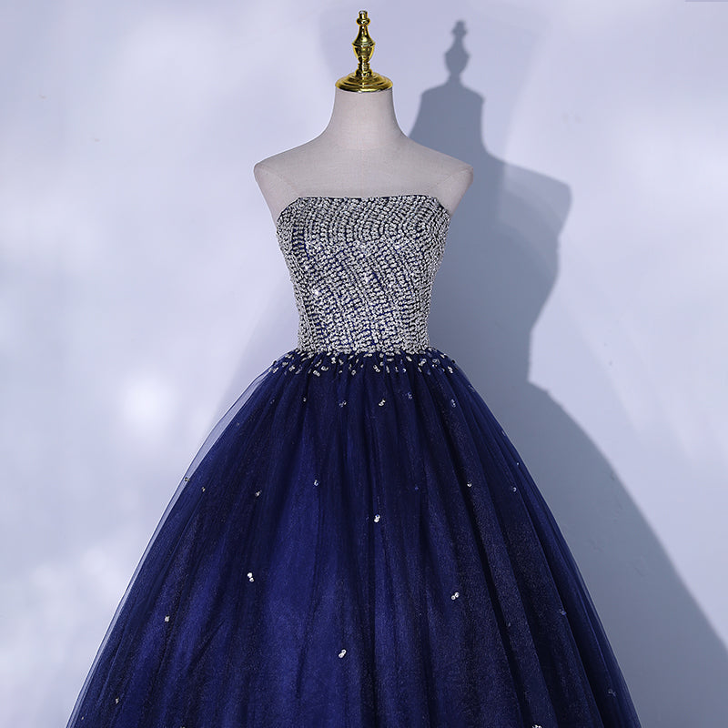 Prom Dress For Short Girl, Blue Sequins and Beaded Ball Gown Tulle Lace-up Formal Dress,Blue Evening Dress Party Dresses
