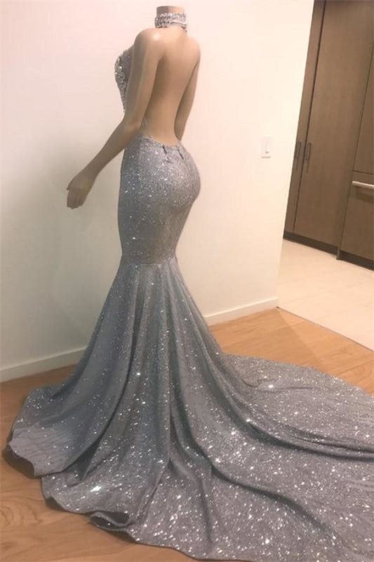 Evening Dresses Floral, Blue Sequins Backless Long Mermaid Crystal Beaded Prom Dress