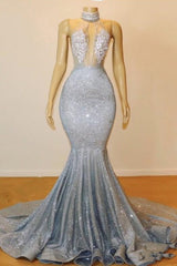 Evening Dress With Sleeves, Blue Sequins Backless Long Mermaid Crystal Beaded Prom Dress