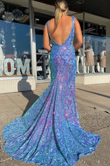 Blue Sequins V-Neck Mermaid Prom Dress