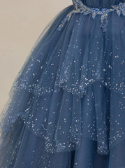 Prom Dressed Blue, Blue Shiny Tulle Long Beaded A-line Prom Dress, Blue Floor Length Party Dress