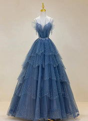 Prom Dress Blue, Blue Shiny Tulle Long Beaded A-line Prom Dress, Blue Floor Length Party Dress
