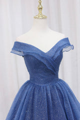 Evening Dresses For Over 42S, Blue Shiny Tulle Off the Shoulder Prom Dress, Blue V-Neck Evening Dress