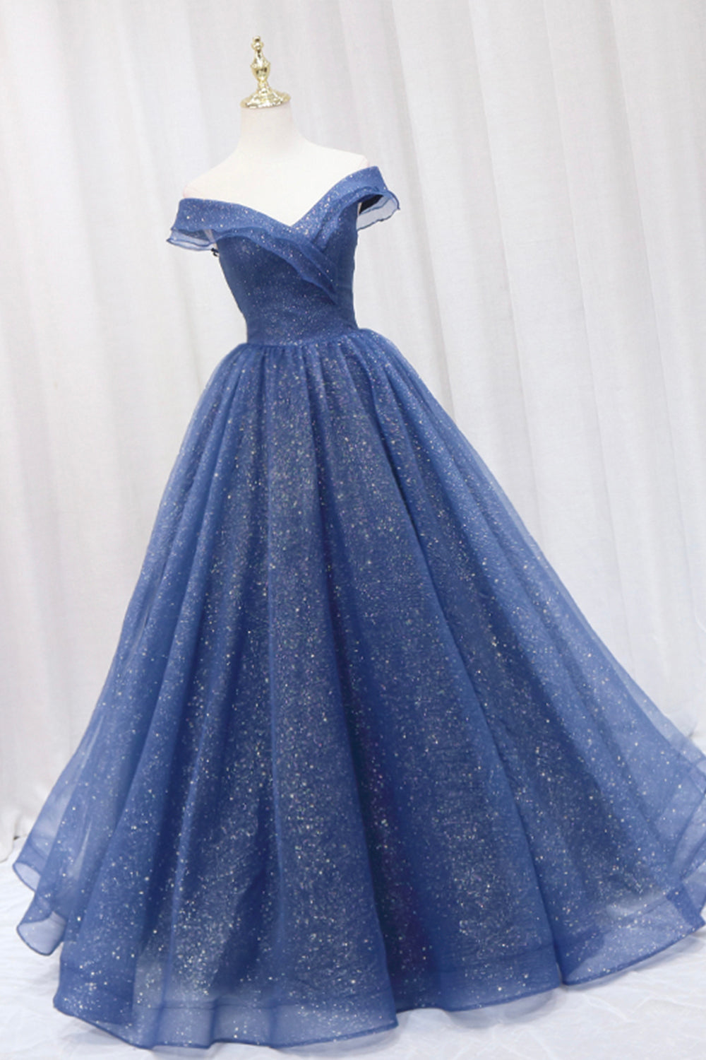 Evening Dresses For Over 42, Blue Shiny Tulle Off the Shoulder Prom Dress, Blue V-Neck Evening Dress
