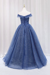 Evening Dress Knee Length, Blue Shiny Tulle Off the Shoulder Prom Dress, Blue V-Neck Evening Dress