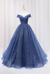 Evening Dresses 02, Blue Shiny Tulle Off the Shoulder Prom Dress, Blue V-Neck Evening Dress