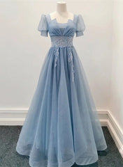 Bridesmaid Dress Dusty Rose, Blue Shiny Tulle Short Sleeves Long Formal Dress, Blue A-line Prom Dress