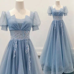 Mother Of The Bride Dress, Blue Shiny Tulle Short Sleeves Long Formal Dress, Blue A-line Prom Dress