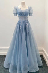 Unique Wedding Ideas, Blue Shiny Tulle Short Sleeves Long Formal Dress, Blue A-line Prom Dress