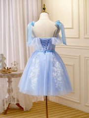 Prom Dress Sleeve, Blue Short Prom Dress, Puffy Cute Blue Homecoming Dress with Lace