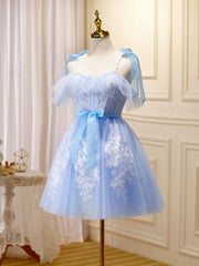 Prom Dresses Sleeves, Blue Short Prom Dress, Puffy Cute Blue Homecoming Dress with Lace