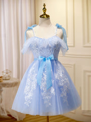 Prom Dresses 2027 Cheap, Blue Short Prom Dress, Puffy Cute Blue Homecoming Dress with Lace