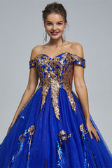 Simple Wedding Dress, Blue Short Sleeve Off The Shoulder Tulle Sequin Decal Long Prom Dresses