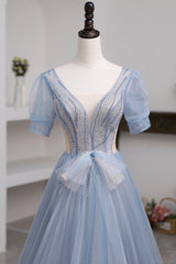 Homecoming Dresses Modest, Blue Short Sleeve Tulle Floor Length Prom Dress with Beaded, Blue A-Line Evening Dress