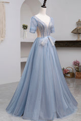 Homecoming Dress Modest, Blue Short Sleeve Tulle Floor Length Prom Dress with Beaded, Blue A-Line Evening Dress