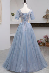 Homecoming Dresses Chiffon, Blue Short Sleeve Tulle Floor Length Prom Dress with Beaded, Blue A-Line Evening Dress