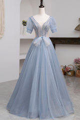 Homecoming Dresses Baby Blue, Blue Short Sleeve Tulle Floor Length Prom Dress with Beaded, Blue A-Line Evening Dress