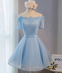 Casual Dress, Blue Short Sleeves Lace-up Organza Bow Prom Dresses, Homecoming Dresses