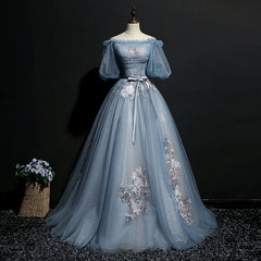 Bridesmaids Dresses Winter, Blue Short Sleeves Long Tulle with Flower Applique Party Dress, Blue Sweet 16 Dress