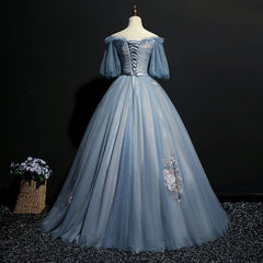 Bridesmaid Dresses Blushes, Blue Short Sleeves Long Tulle with Flower Applique Party Dress, Blue Sweet 16 Dress