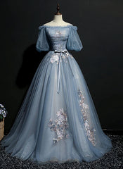 Bridesmaid Dress Winter, Blue Short Sleeves Long Tulle with Flower Applique Party Dress, Blue Sweet 16 Dress