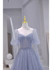 Prom Dresses 2021 Long Sleeve, Blue Short Sleeves Tulle Long Sweetheart Party Dress, A-line Blue Prom Dress