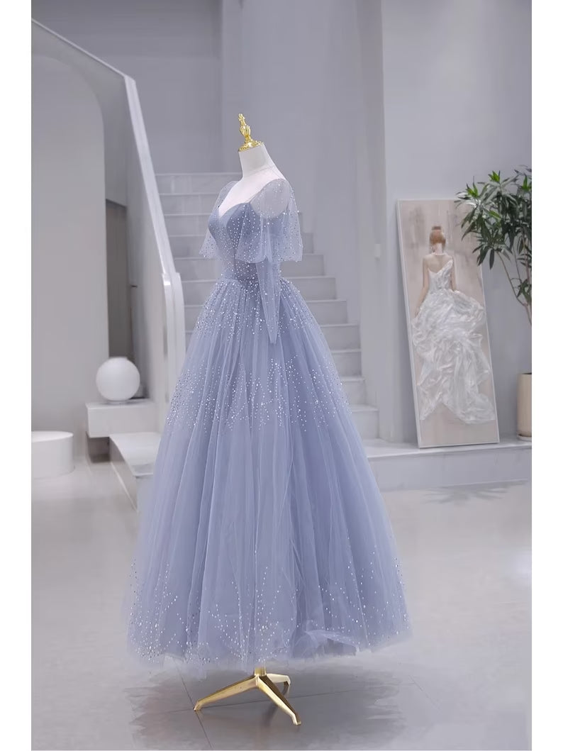 Prom Dresses Blue Lace, Blue Short Sleeves Tulle Long Sweetheart Party Dress, A-line Blue Prom Dress