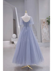 Prom Dress Blue Lace, Blue Short Sleeves Tulle Long Sweetheart Party Dress, A-line Blue Prom Dress