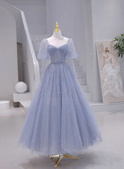 Prom Dresses Blushes, Blue Short Sleeves Tulle Long Sweetheart Party Dress, A-line Blue Prom Dress