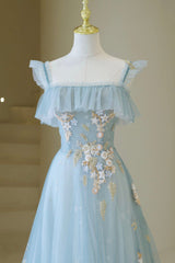 Bodycon Dress, Blue Spaghetti Strap Lace Long Prom Dress, Cute A-Line Graduation Dress