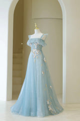 Gown Dress, Blue Spaghetti Strap Lace Long Prom Dress, Cute A-Line Graduation Dress