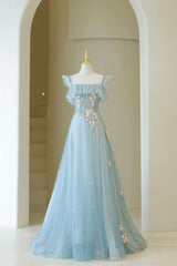 Backless Dress, Blue Spaghetti Strap Lace Long Prom Dress, Cute A-Line Graduation Dress